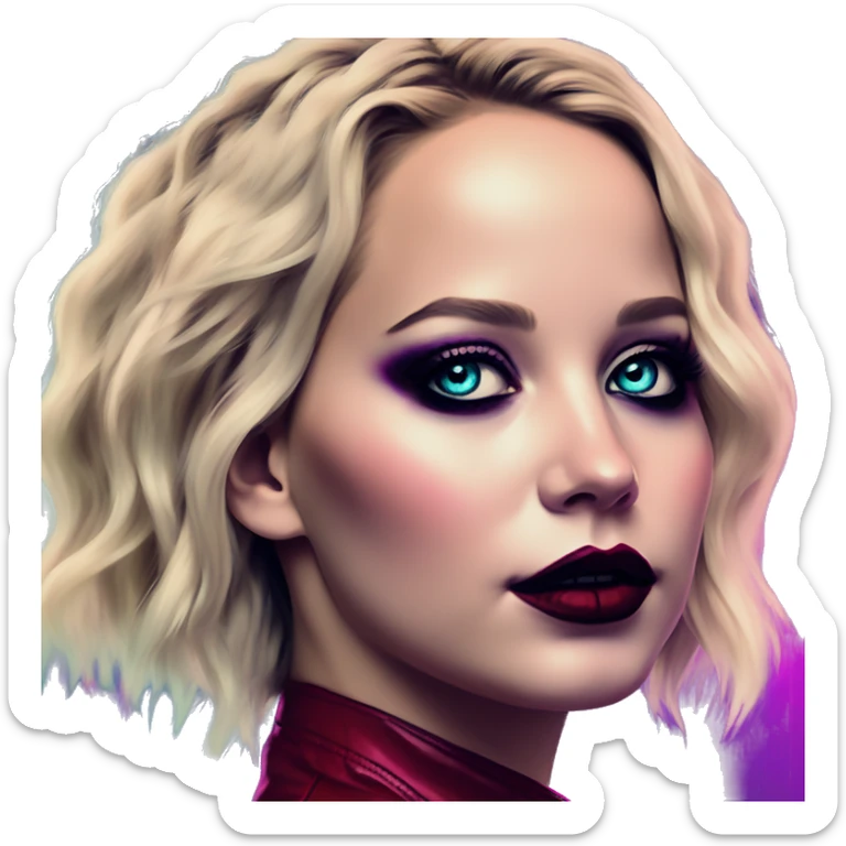 Synthwave Jennifer Lawrence in Harley Quinn style, oil paint, mysterious eyes, intricate lips, masterpiece portrait, odd perspective, beautiful, desirable, logical sticker