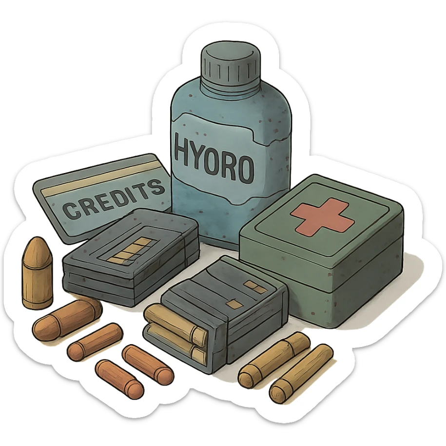 the image is the icon for a videogame  item. futuristic cyberpunk -ready to equip- it is master craftsmanship [ unequipped item ]
It is a pile of miscilaneous loot, some ammunition, credits, first-aid, and a hydrator, neatly bunched together, isometric view, orthographic sticker