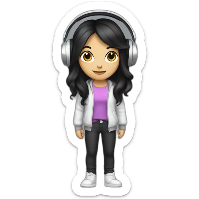 Cartoon character with long black hair, stylish outfit, silver headphones sticker