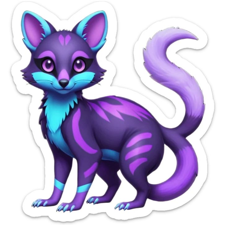 Obsidian-onyx-black and glowing neon-purple, shiny blind eyes, magical fantasy-Genet-Sentret-Marsupial-Possum-Vernid-Sergal-Fakémon-hybrid, by LiLaiRa-griffsnuff, full body sticker