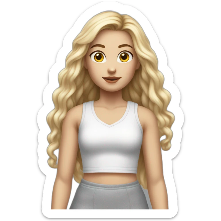 hyperrealist caucasian girl, long straight blonde hair, white v-neck laced crop tanktop, grey tight micro skirt, sneakers sticker