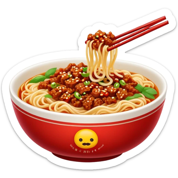 Sichuan Dan Dan Noodles with red chili oil and minced pork, simplified emoji style with bold outlines and bright colors, cartoon style spicy Chengdu street food sticker