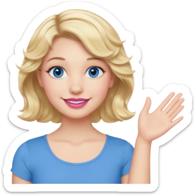 Girl Blonde short wavy hair,  blue eyes, cute blue top, long lashes, pink lips, smiling, one hand 🤷🏼‍♀️  sticker