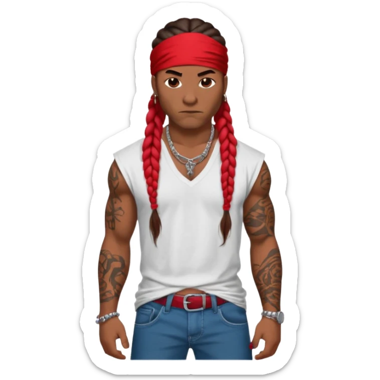 Samoan male with loose fitting white t-shirt. Red bandana. Red jeans. long braided hair, very muscular, tattoos. street culture clothing. Tough and menacing. Gangster locs. sticker