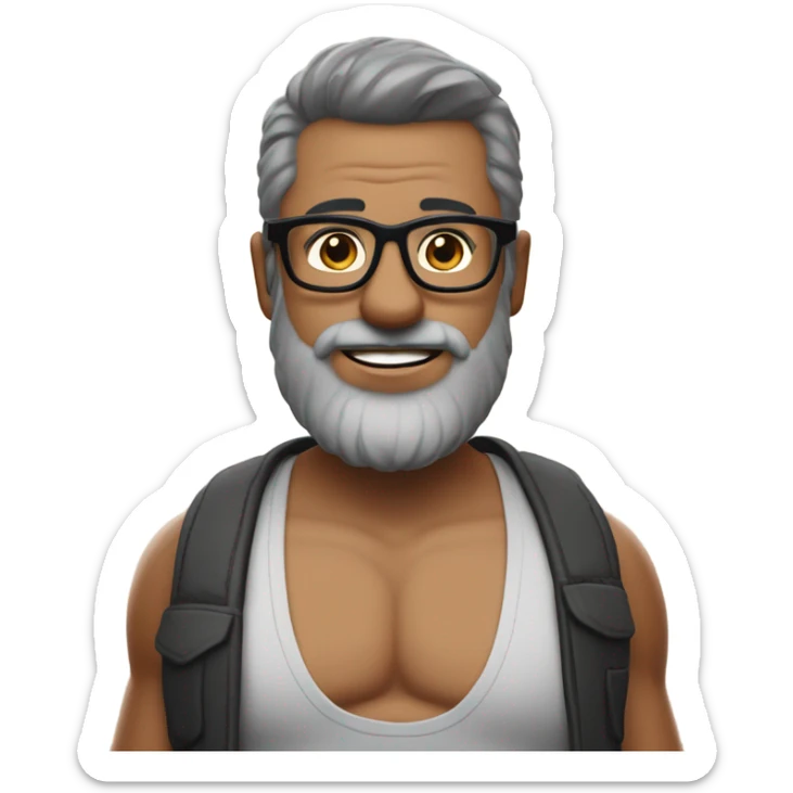 dad with black hair and a gray beard and wide glasses shirtless with a beer belly holding a Bud Light ￼￼￼ sticker