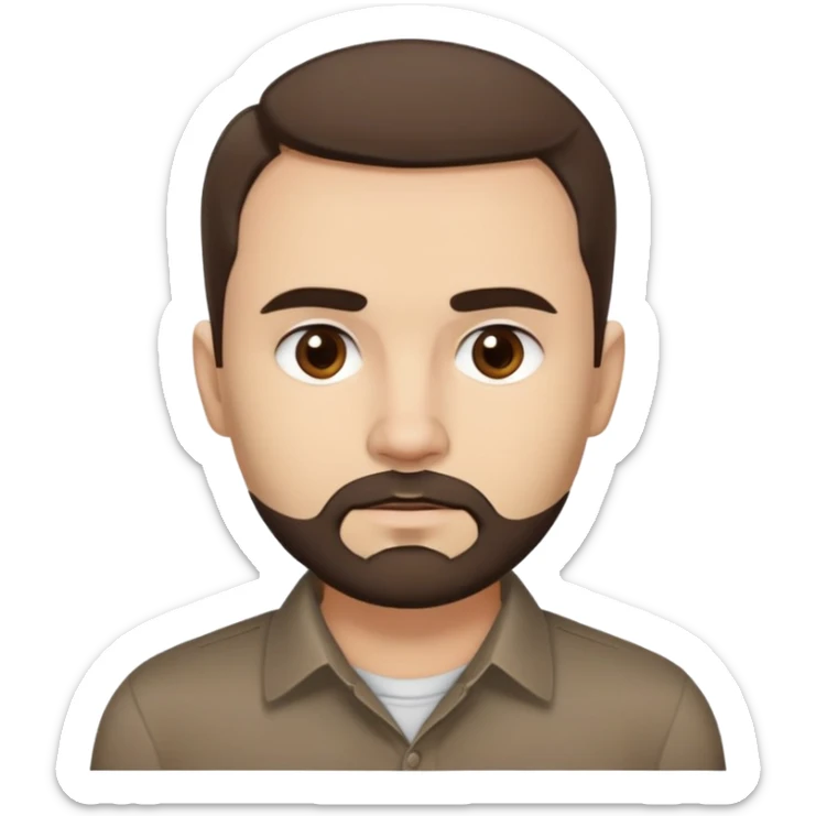 Close-up of René Monclova with light skin tone, round face, broad cheekbones. Lively dark brown eyes, thick straight eyebrows. Short messy brown hair with slight receding hairline. Untidy brown beard covering jaw. Wearing a dark collared shirt. sticker