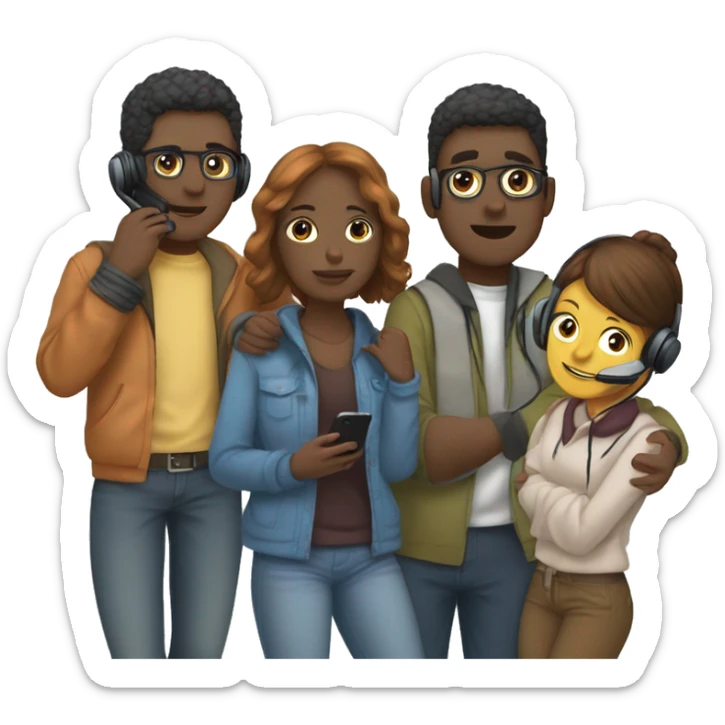 A group of 5 humans cuddling withcasual cloths, having headsets on and holding telephones  sticker