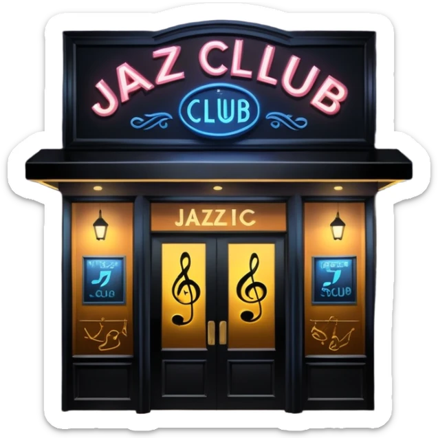 jazz club entrance at night with glowing sign and music notes sticker