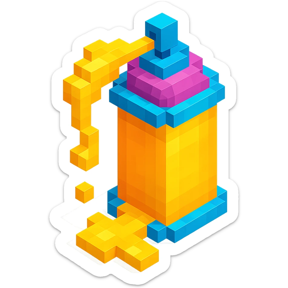 isometric view of a spray paint can with gold paint in voxel style sticker