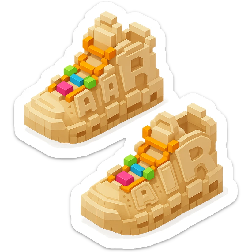 two pairs of Nike Air More Uptempo sneakers in beige with colorful beads on the laces sticker