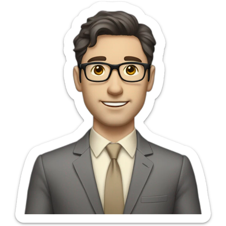 Full height Pale skinned Fit Man With dark brown hair in classic gray suit, beige office shirt, dark gray tie, and vintage glasses. His palms lock sticker