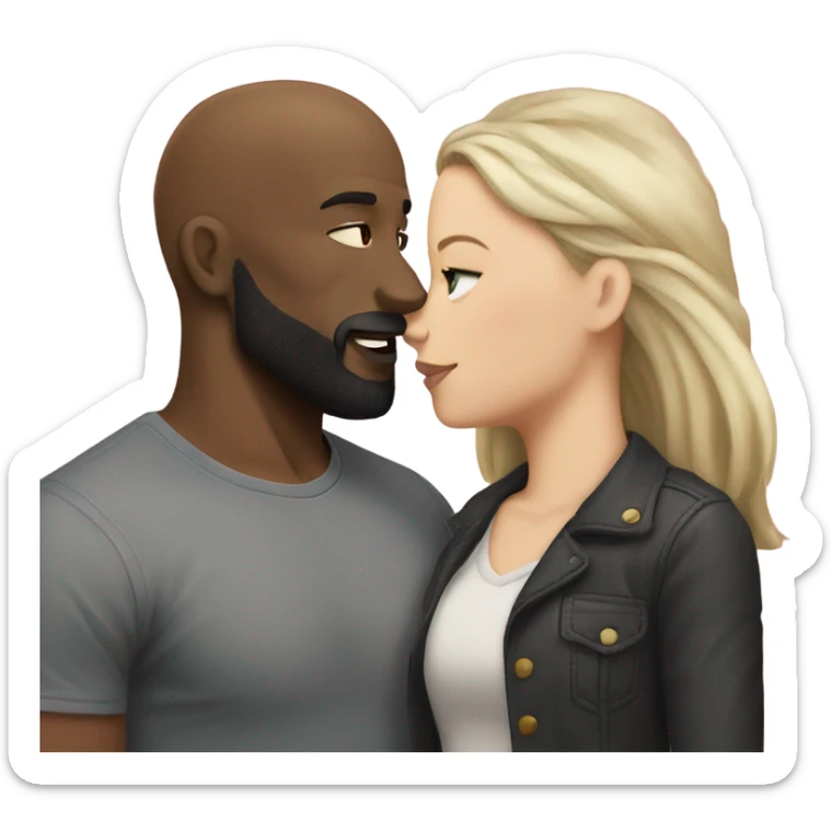 White girl dark hair kissing muscular black bald man with beard sticker