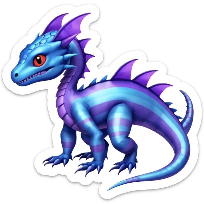 Cute Shiny striped iridescent cyan indigo blue violet Guilmon-Salandit-Fakémon-hybrid-creature (full body)  sticker