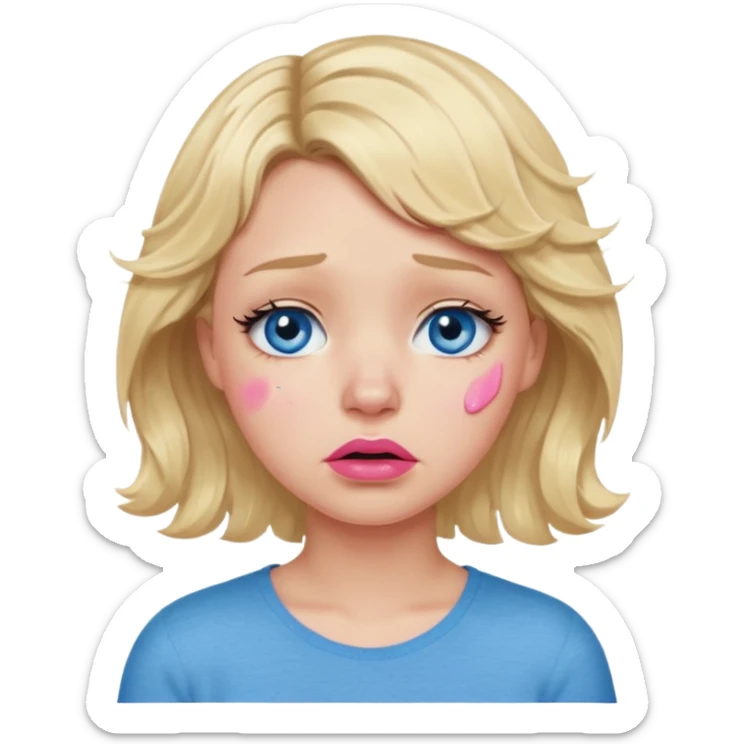 Girl Blonde short wavy hair,  blue eyes, cute blue top, long lashes, pink lips,crying with big tears running down the face  sticker