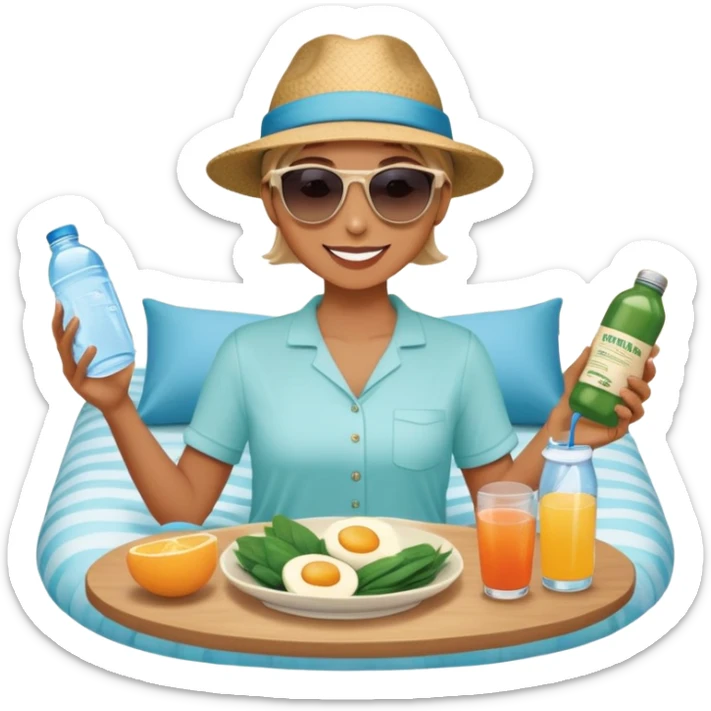 A person in the sun, with a plate of whole foods, water bottle, and glowing bed behind them. Nearby, smiling friends gather—symbolizing balance, healing, and connection through simple daily rituals. sticker