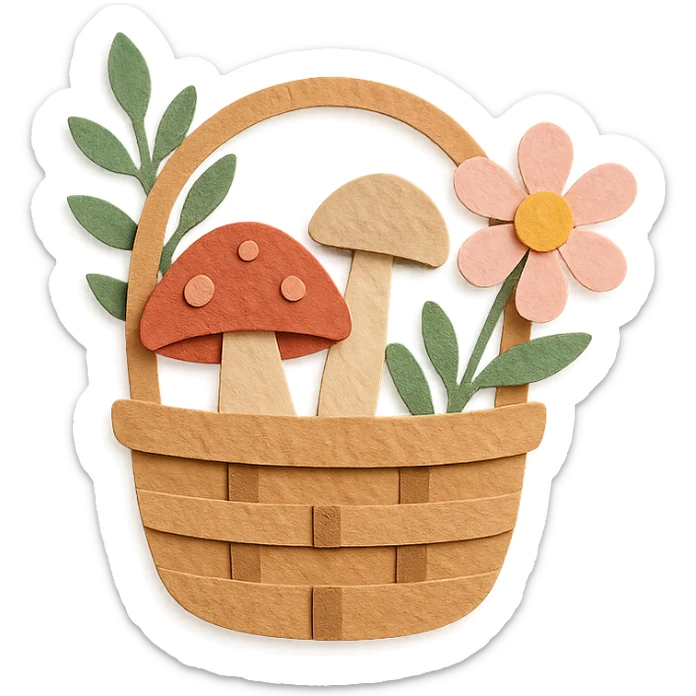 basket full of forest goodies including mushrooms, herbs, flowers in soft pastel colors, paper-craft style sticker