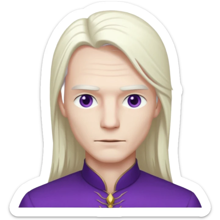 Beyaz uzun ve düz saçları olan,mor göz rengi olan, bembeyaz tenli bir erkek,genç,gözleri hafif çekik ve saçları da teni de bembeyaz olacak,genç olacak,kırışıklığı olmayacak,gözleri çekik ve mor renk olacak,alnında kırışıklık olmayacak,saçı daha beyaz olsun,genç olacak sticker