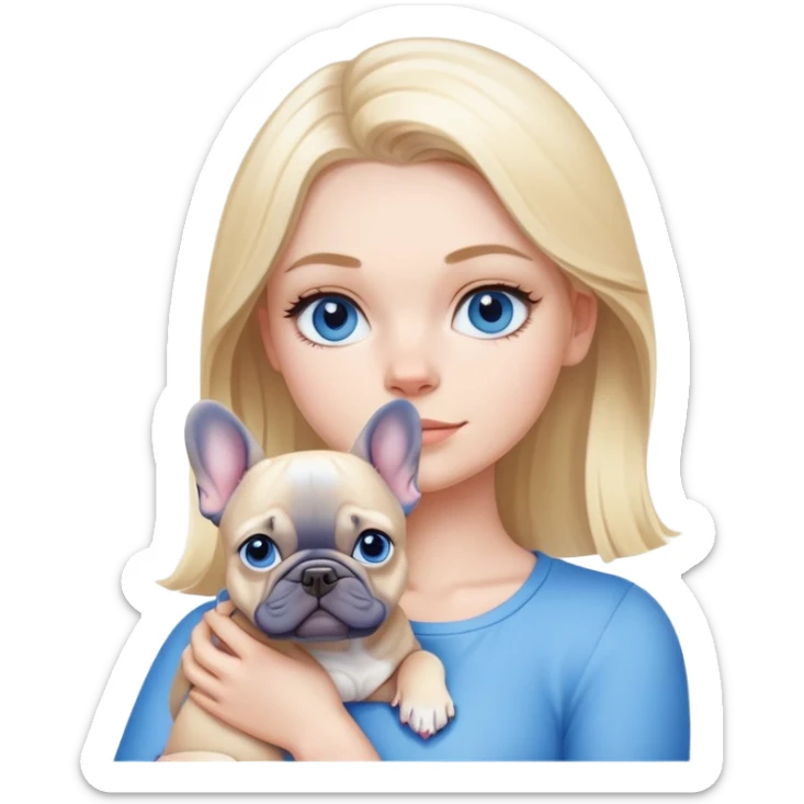 White girl with blond with blue eyes holding a blue French bulldog  sticker