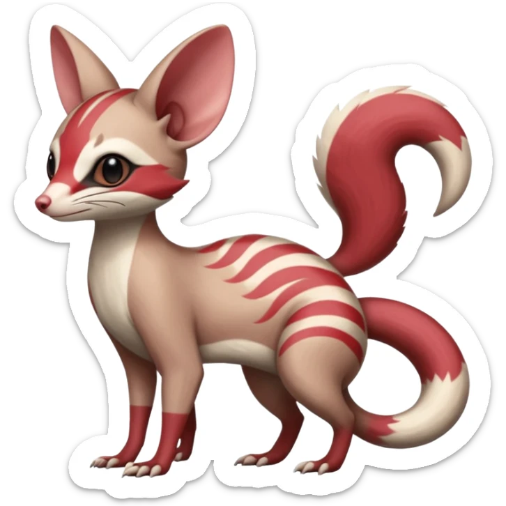 Minccino-Opossum-Numbat-Sphynx-Zangoose-fusion-hybrid-animal-Fakémon-creature, full body, thin long sleek scaly tail, intricate markings sticker