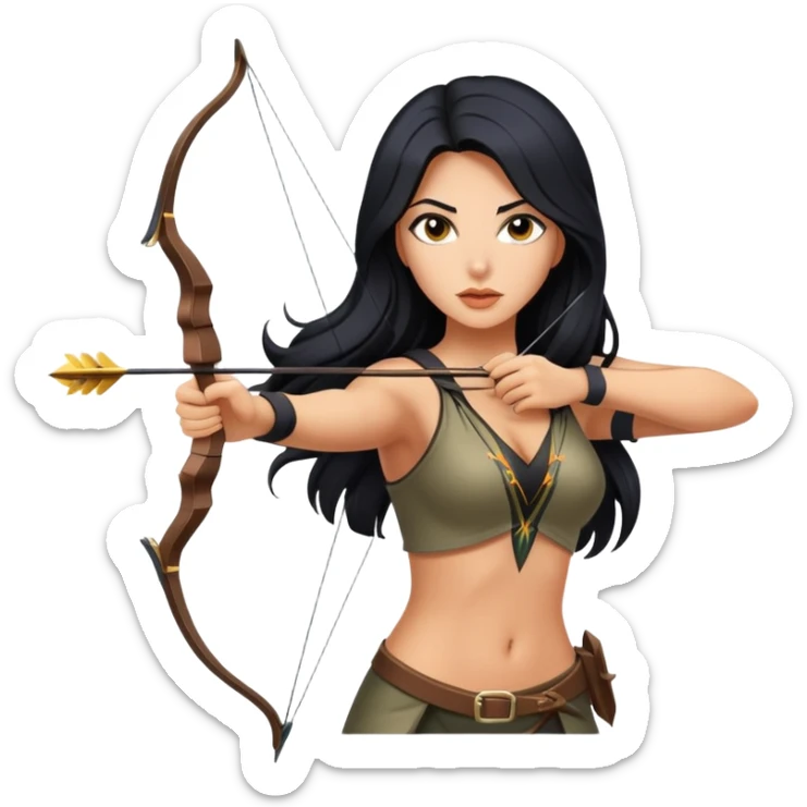 woman tanned long black hair, shooting arrow, sexy, causal sexy clothes sticker