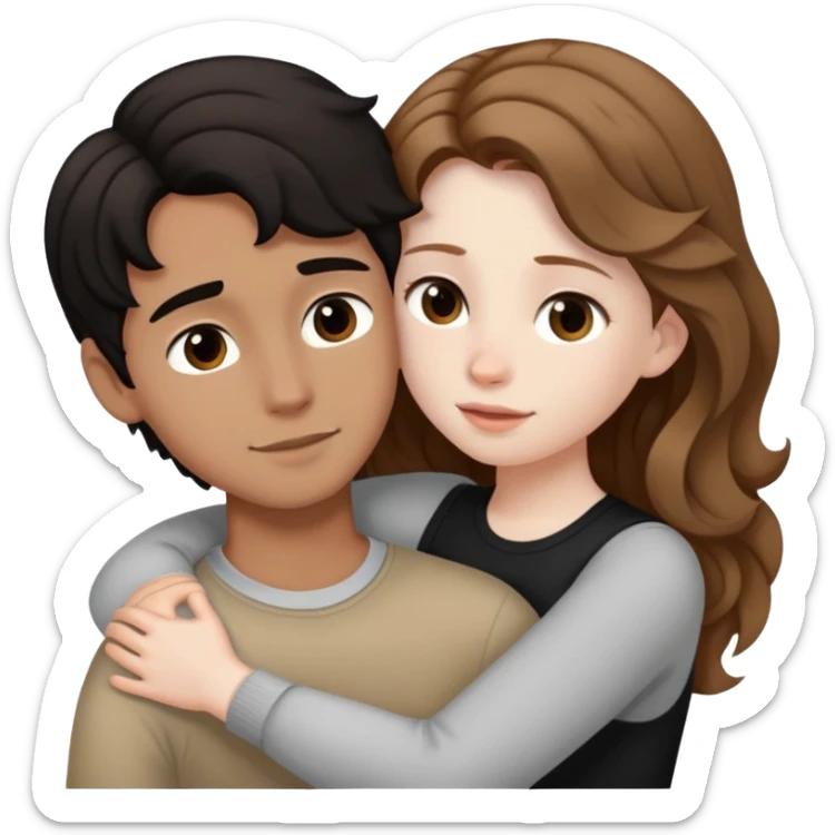 girl with long light brown hair and pale skin hugging a boy with short black wavy hair and tanned skin sticker