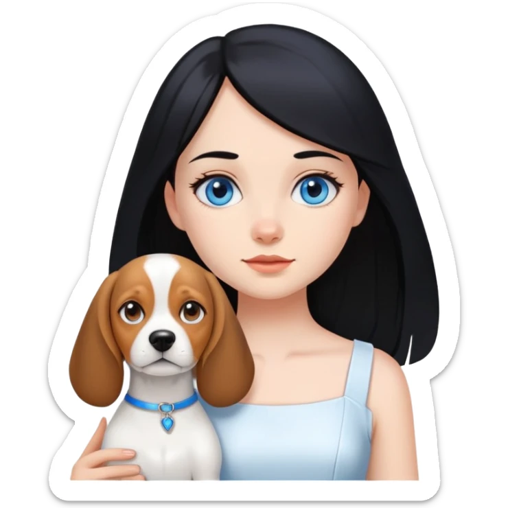 black hair girl with long hair blue eye white dress beagle dog sticker