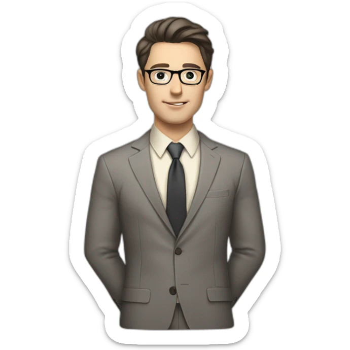 Full height Pale skinned Fit Man With dark brown hair in classic gray suit, beige office shirt, dark gray tie, and vintage glasses. His hands lock sticker