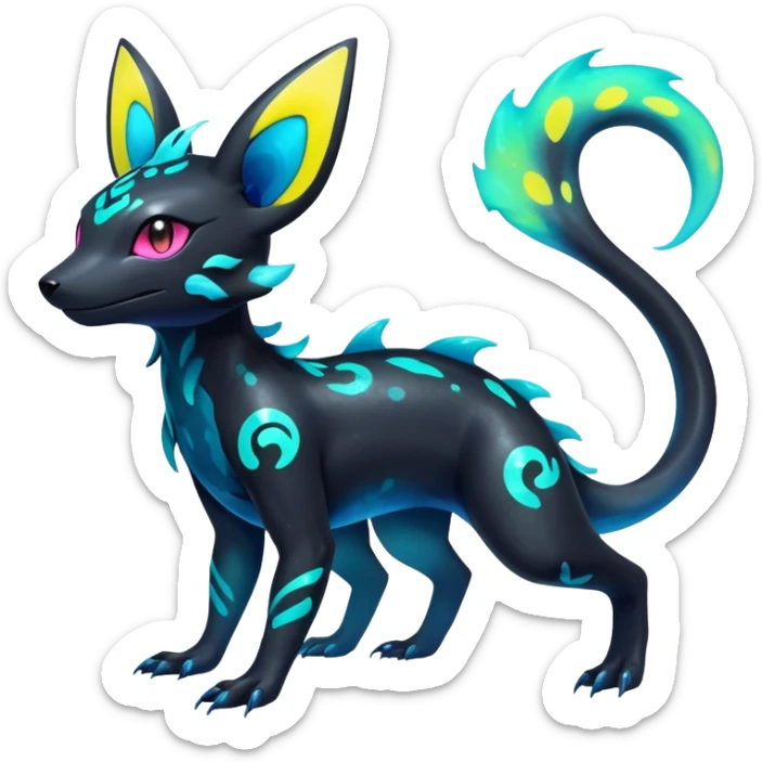 Colorful Neon Exotic Salandit-Aurorus-Umbreon-Fakémon-hybrid-creature with splash markings (full body)  sticker