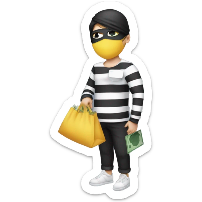  and a long sleeved white and black horizontally striped t-shirt and wearing black eye mask and holding a bag of money in their left shoulder sticker