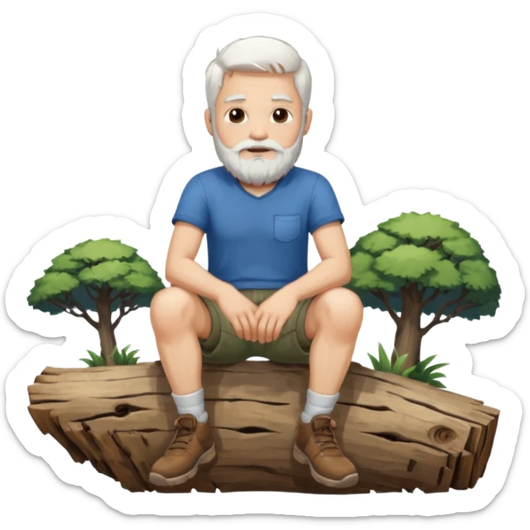 A white haired man with a beard sitting on a piece of wood wearing shorts sticker