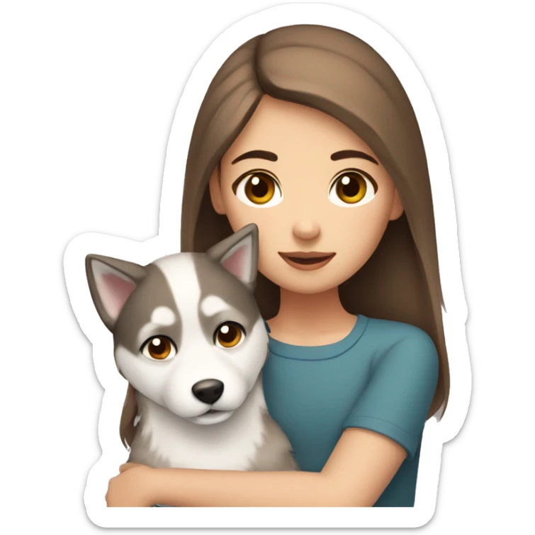 white brown hair girl with brown eyes cuddling a husky dog sticker