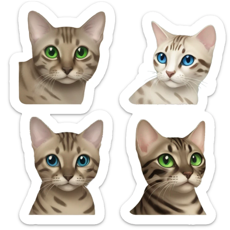 Seal Bengal cat with Blue eyes + charcoal Sepia bengal cat with Green eyes sitting  sticker