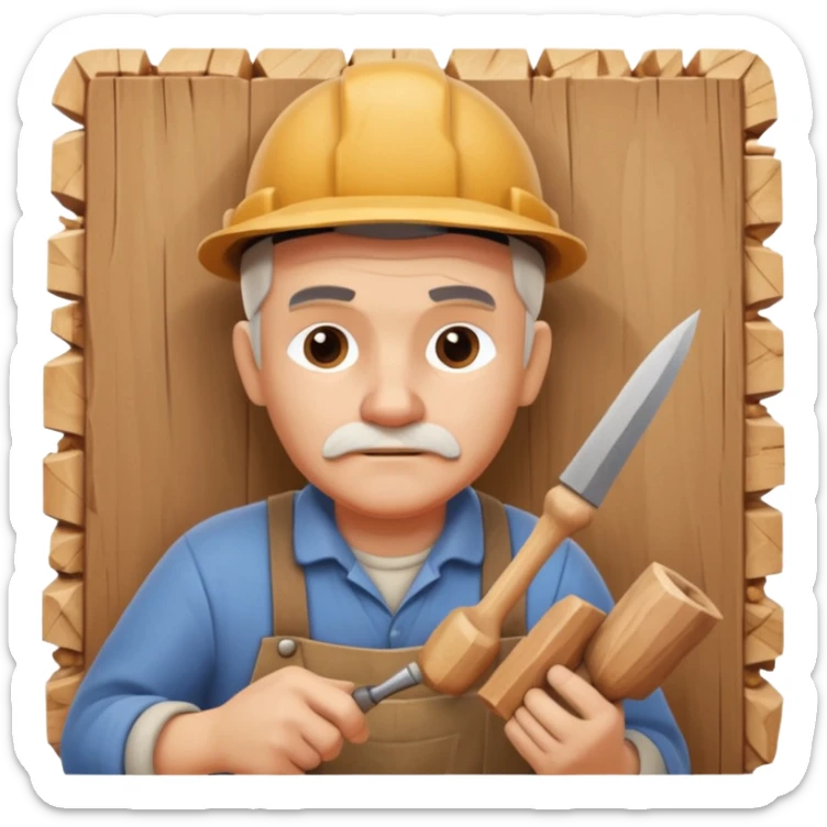 wood carving carpenter portrait, head and shoulders only, carving wooden figure with chisel, wood shavings visible, focused craftsman expression, artisan workshop vibe, 3D cartoon style, mobile game icon style, clean background, no text, no watermark
 sticker
