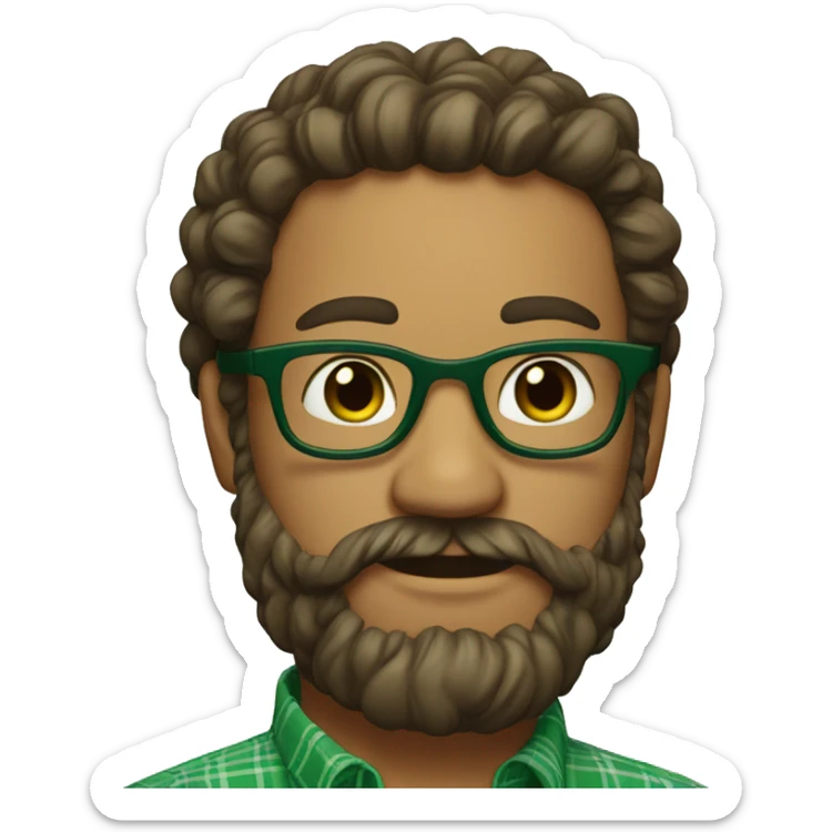 An emoji of a man with curly hair tied into a bun, wearing green prescription glasses. He also has a long beard and is wearing a green plaid shirt. sticker