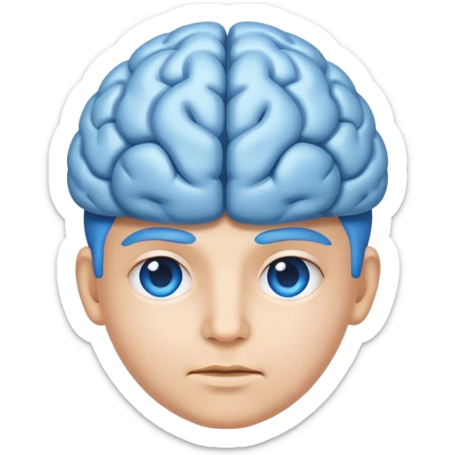 All blue adult person face emoji with a brain for hair and calm content expression sticker