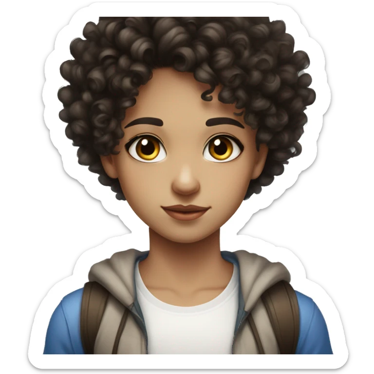 light skin black curly hair heterochromia brown and blue eyes white tank top girl sticker
