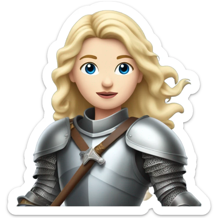 White girl with blonde hair standing dressed as a knight with  a sword in her hand and her hair is blowing in the wind. She has full, pink lips and blue eyes. sticker