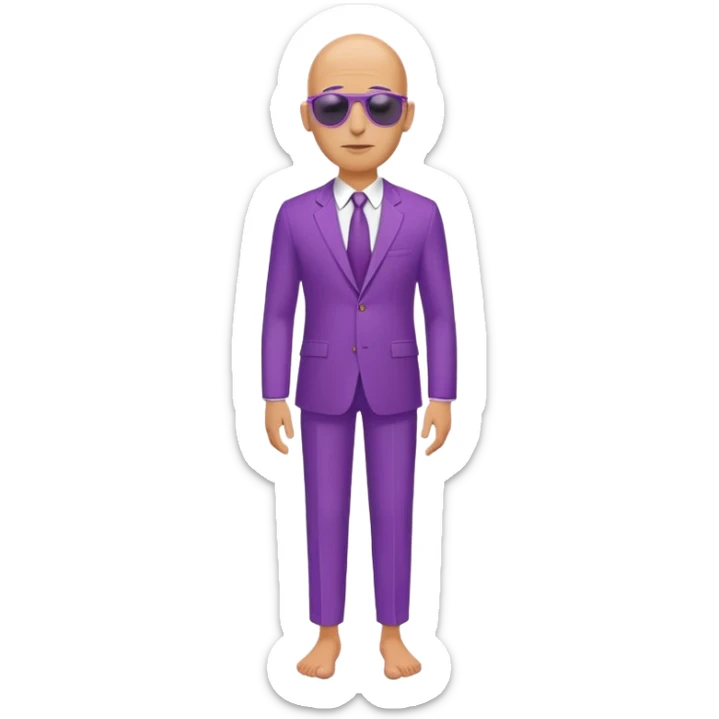  A bald and skinny man about 45. He's wearing a purple suit and sunglasses which it's standing on his head. He doesn't wear sucks. sticker