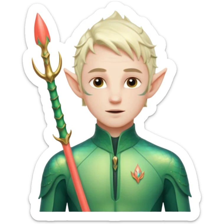 male elf in iridescent wetsuit, coral staff Gills on neck legolas sticker