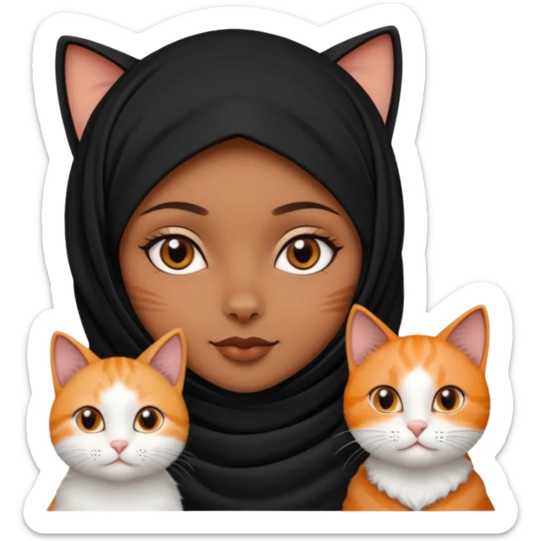 A girl with brownblack eyes and black hijab and three cats, one blackwhite girlcat and one blackwhite boy cat sticker