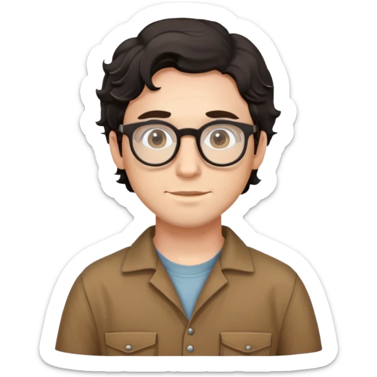Young caucasian man with black wavy hair, round glasses, wearing brown carpenter outfit with shirt underneath sticker