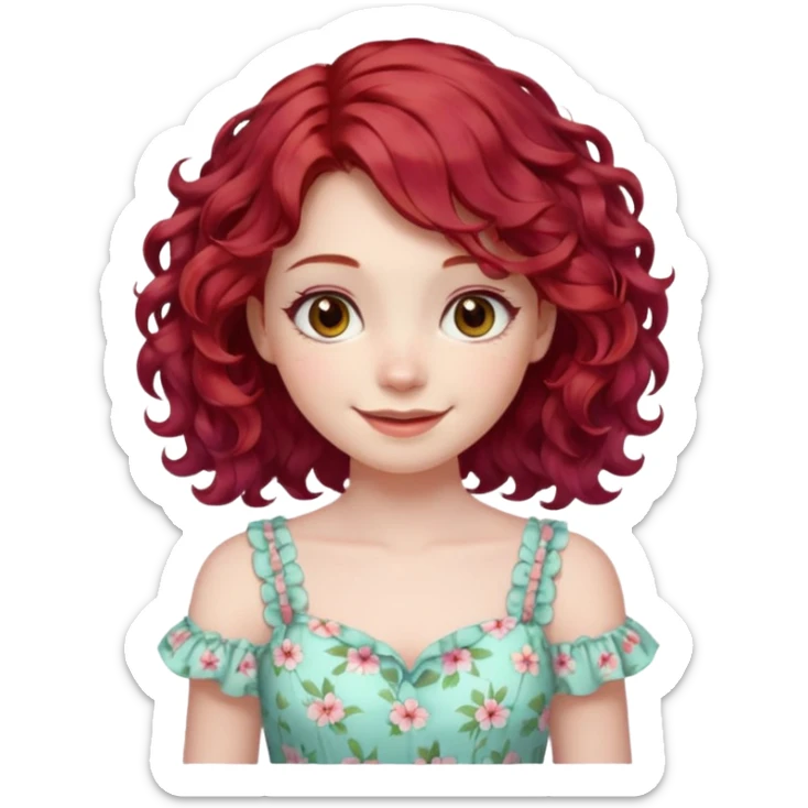 girl with shoulder length curly cherry red hair with brown eyes and pale skin smiling. pastel dress sticker