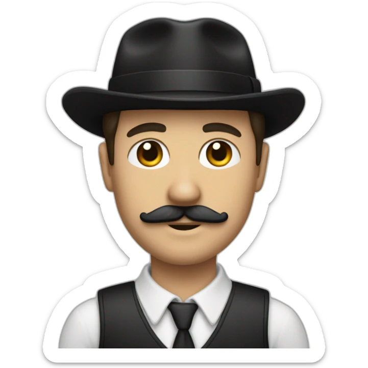 Un homme blanc avec un costume noir et une moustache noire et des cheveux noir plaqué sticker
