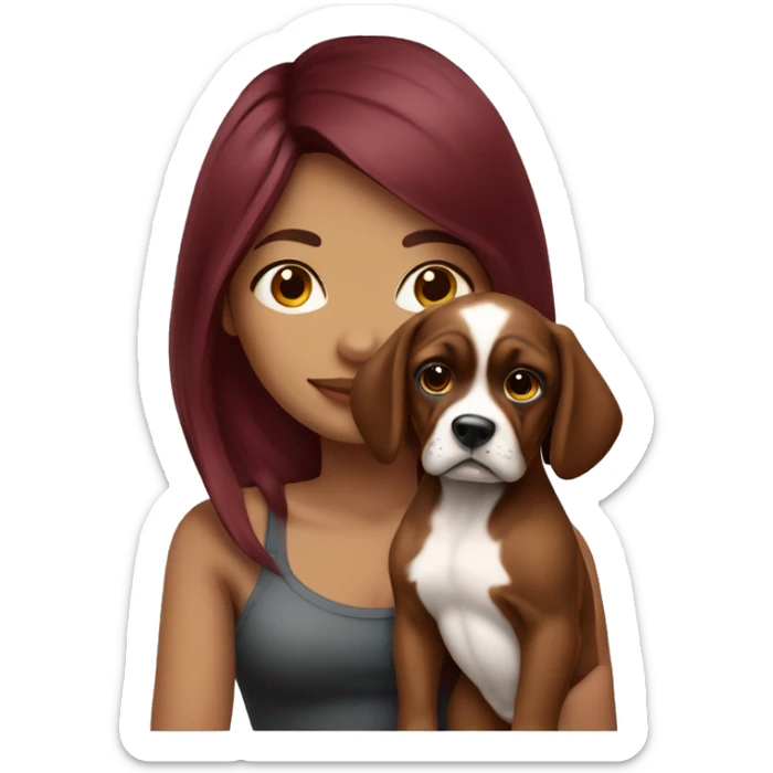 Beautiful tattooed  burgundy long haired woman holding a boxer puppy sticker
