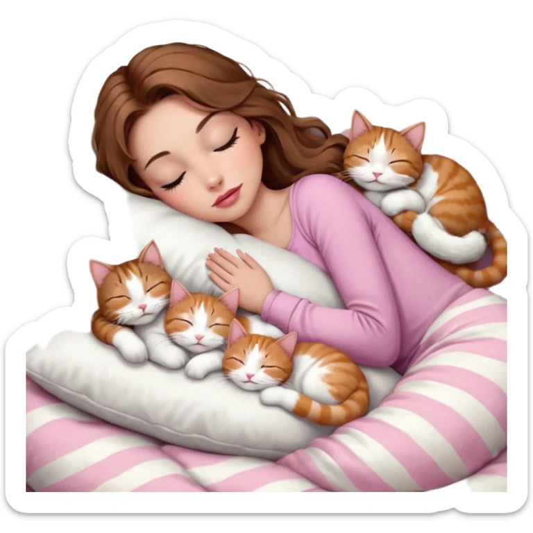 girl with long wavy brown hair, brown eyes, long lashes makeup, sexy pink lips, light to medium complexion,  sleeping on a cozy pillow, with 6 cats: 1 brown and white tabby cat, 1 ginger and white, 2 grey and white, 1 grey with white mittens and small white patch on chest and 1 calico, sleeping sticker