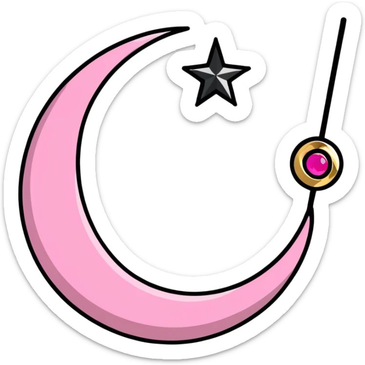Sailor Moon's Crescent Moon Stick, a pink wand with a gold crescent moon on top and a circular silver gem in the center sticker