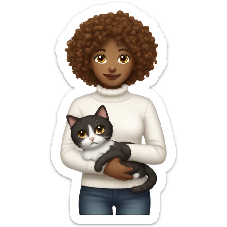 brown curly haired girl with a white sweater holding tuxedo cat  sticker