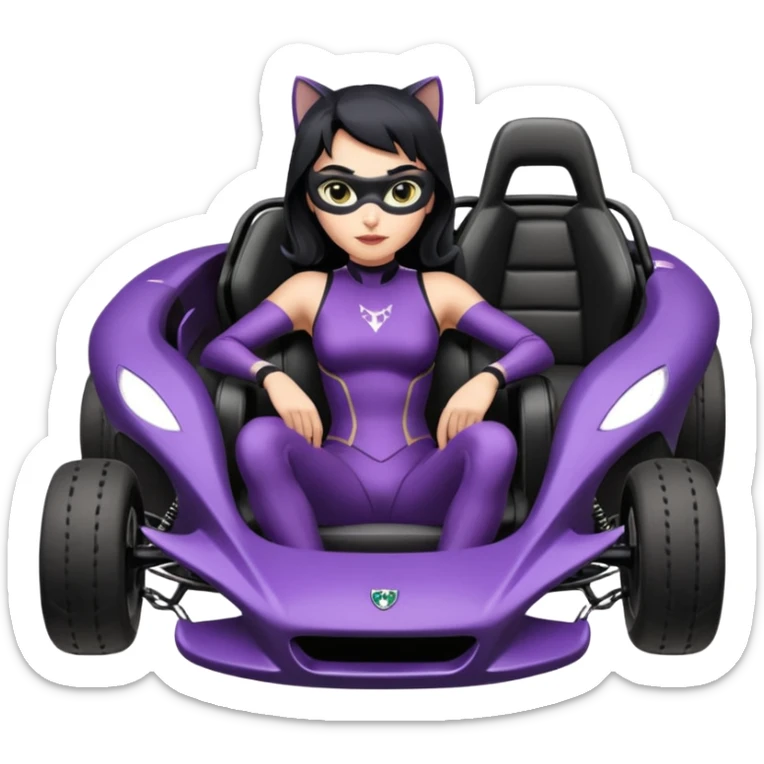 full size real-appearance road glowing racing sexy buxom CatWoman’s feminine midnight-colored tight outfit sixty’s tv show dark stealthy accurate sporty safe plush deluxe off-road pursuit drifting car jaguar (black hair,reclined and relaxed torso and shoulders back seating position) cross kart  sticker