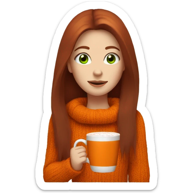 A dark redhead with straight long hair, a girl with green eyes in an orange sweater and a hot chocolate  sticker