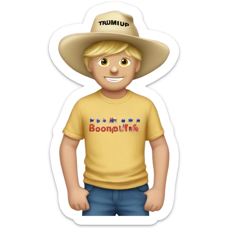 Donald Trump￼￼ with arm around boy with brown hair in a mega hat and Trump T-shirt ￼ sticker